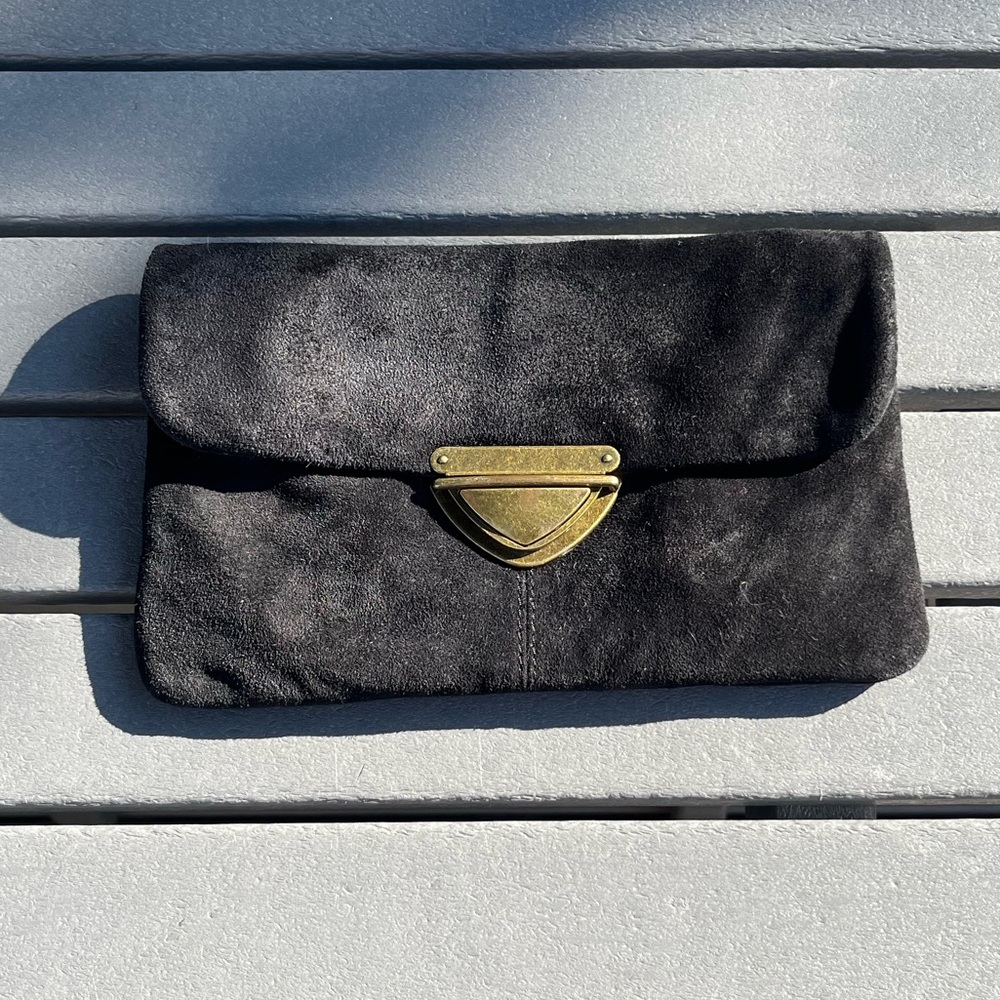 Forever 21; Black Leather Clutch; Chunky Brass Tone Hardware; 10.5 x 6.5in